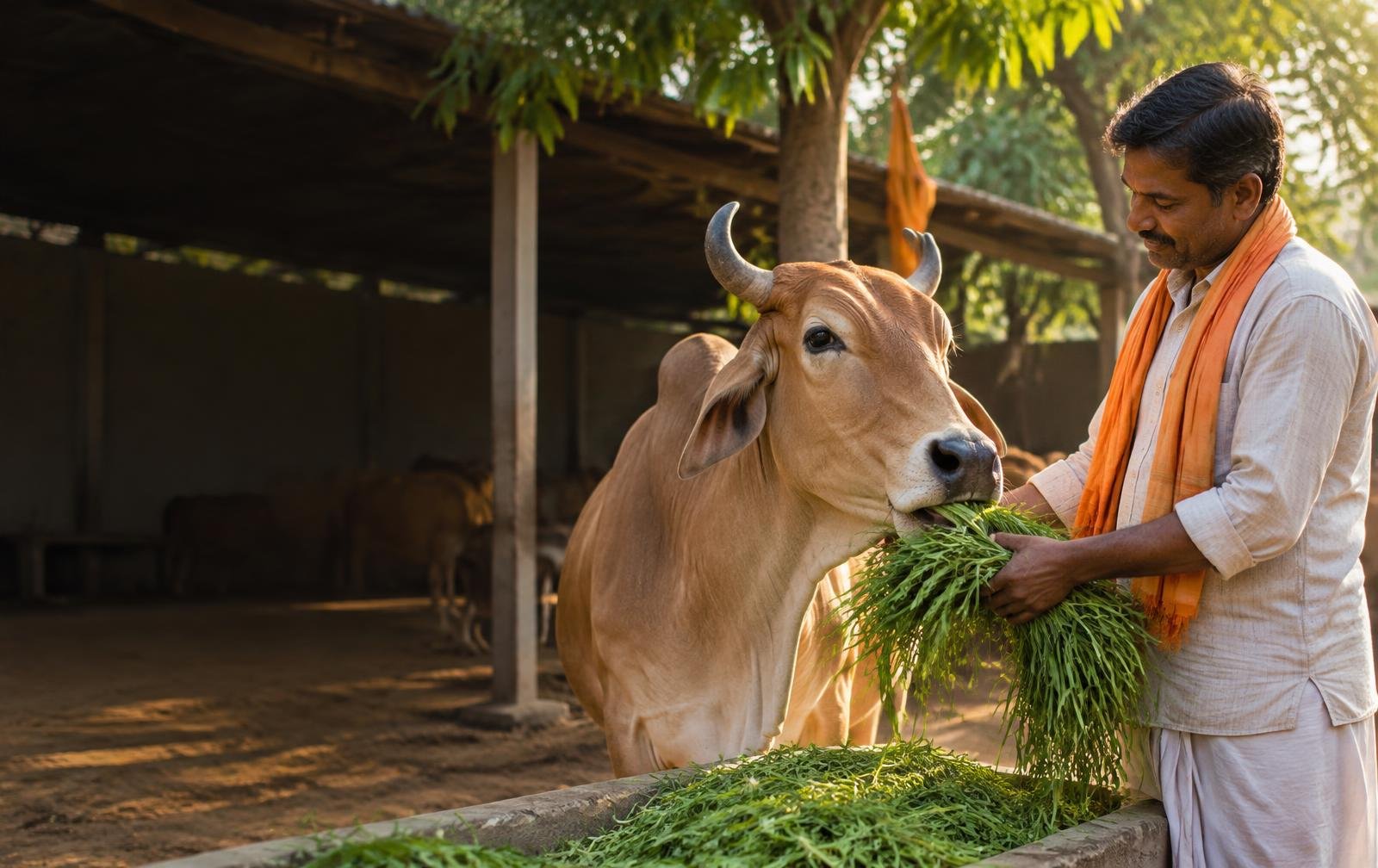 A caregiver offers fresh green fodder to a calm cow at a shelter